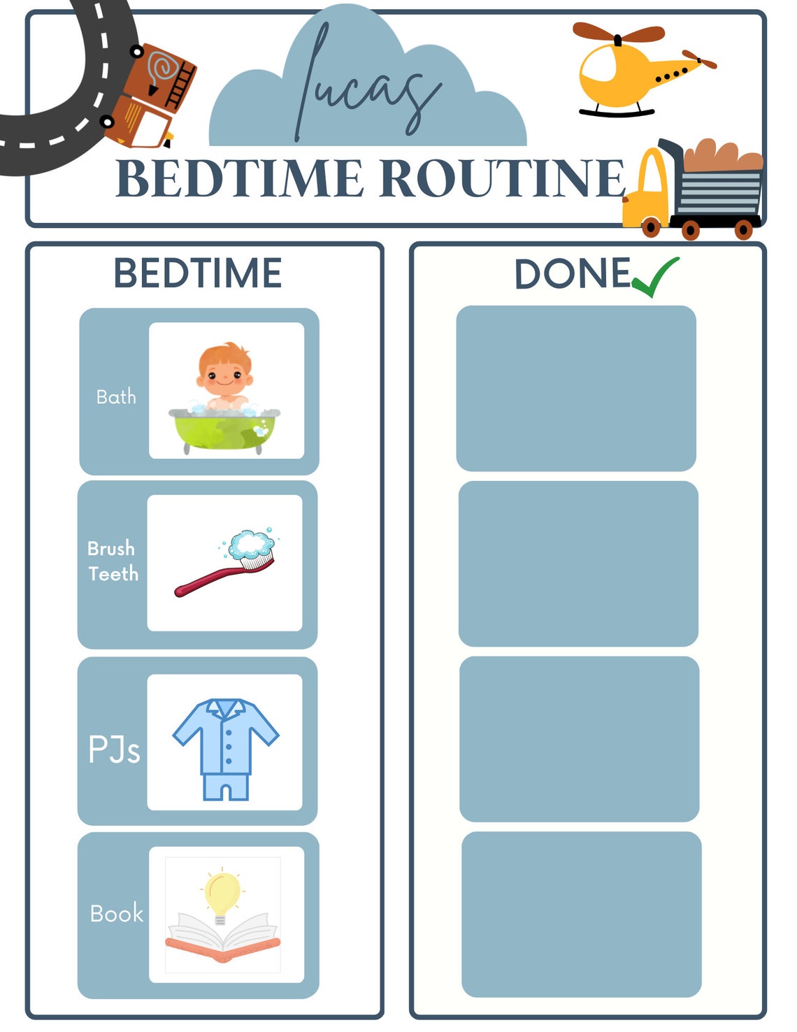 Printable Bedtime Routine Chart for Kids Cars Nighttime - Etsy Israel