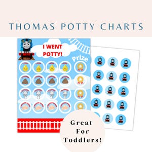 May include: A blue and red Thomas the Tank Engine potty chart with a blue background. The chart has a title that says "I Went Potty!" and has spaces for stickers. There are four rows of stickers with the following labels: "I Peed", "I Pooped", "I Flushed", and "I Washed Hands". There are also three gold star stickers labeled "Prize". There is a sheet of Thomas the Tank Engine stickers.
