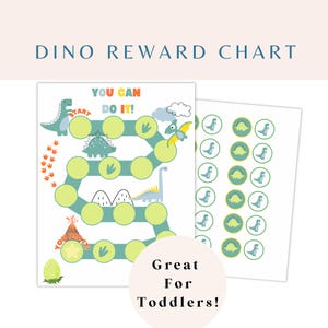 May include: A printable dinosaur reward chart with a green and yellow path for kids to follow. The chart includes a start and finish point, and stickers of dinosaurs to place on the chart. The text on the chart reads "You Can Do It!" and "You Did It!"