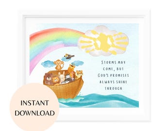 Noah's Ark Christian Handprint Art, preschool, Sunday school Nursery Activity, Handprint Printable, Homeschool Craft, Christian Bible Story
