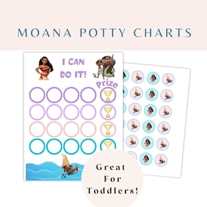 May include: Moana potty chart with a blue, pink and purple colour scheme. The chart has 12 circles with a Moana character sticker in the centre of each circle. The chart also has a trophy sticker and the text "I can do it!" and "Prize".