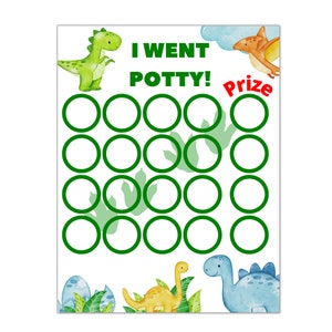May include: A green dinosaur potty training chart with 15 circles to color in. The chart says "I Went Potty!" and "Prize" at the top. There are also illustrations of dinosaurs at the bottom.