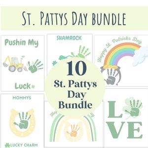 May include: A set of 10 St. Patty's Day printable handprint art designs. The designs include a shamrock, a rainbow, a pot of gold, a horseshoe, a construction truck, and the words "Pushin My Luck", "Lucky Charm", and "Love".