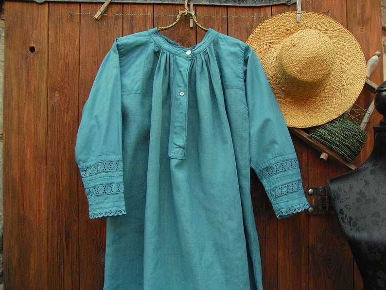 still shirt maternity dress tunic rustic farmhouse shirt SPECIAL PRICE antique shirt medieval robe nightdress robe linen dress petrol