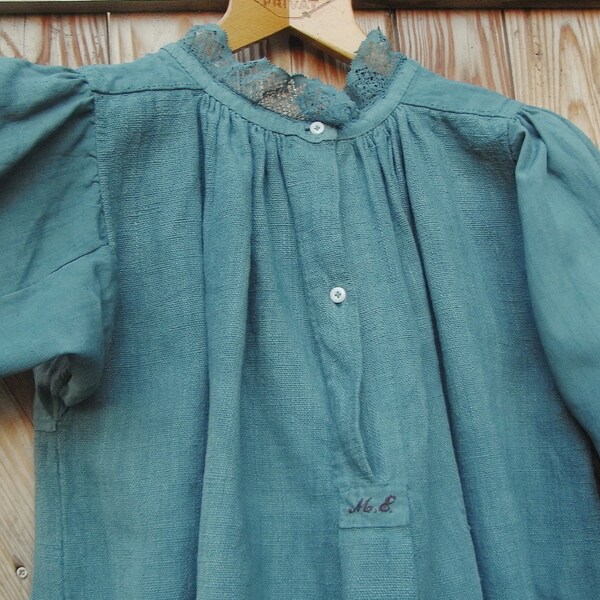 RESERVED Victorian, antique shirt, linen dress petrol, nursing shirt maternity dress tunic, nightgown, robe, medieval robe