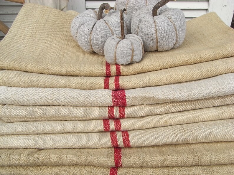 antique linen sack, coarse grain sack hemp linen with red stripes ...