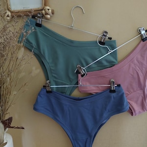 Könnte beinhalten: Drei Unterhosen in den Farbtönen Türkis, Staubrosa und Blau werden auf Metallbügeln präsentiert. Die Unterwäsche ist aus einem weichen Stoff gefertigt und hat einen klassischen Schnitt. Der Hintergrund ist in einem neutralen Beige gehalten.