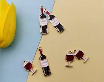 Wine Bottle with Glasses Silver Charm Pendant C1345 10 PCS