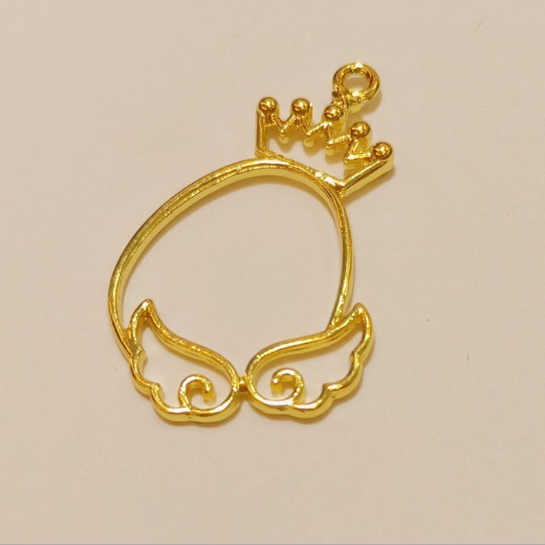 Gold Crown Wing Egg Shape Open Bezel Metal Frame Pendant Charm Bezel Setting Cabochon Setting UV Resin Charm Jewelry