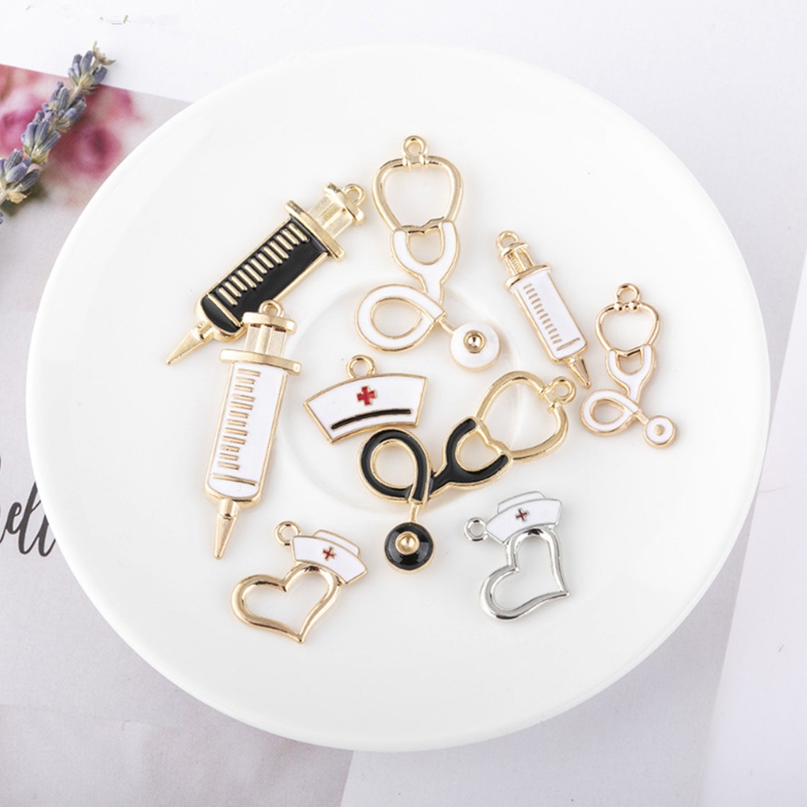 10Pcs Gold Enamel Nurse Series CharmSyringe charms Nurse Hat Etsy