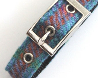 Turquoise check dog collar in Harris Tweed. Handmade collars for small to large dogs