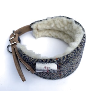May include: A blue and brown tweed dog collar with a white fleece lining. The collar has a brown leather strap and a silver buckle. The collar has a label that says "The Tweed Collar Co."