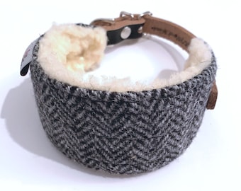 Whippet, Sighthound Greyhound Collar in blk/wht herringbone Harris Tweed.