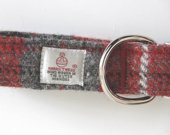 Red/Grey Check Quick release dog collar in Harris Tweed. Ideal for small to large dogs