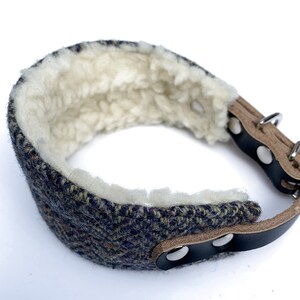 May include: A brown leather dog collar with a tweed lining and a soft, white fleece inner layer. The collar has a silver buckle and two silver D-rings.
