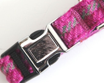 Bright Pink Check Quick release dog collar in Harris Tweed. Ideal for small to large dogs