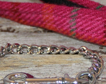 Bright Pink Check Harris Tweed dog lead. A stylish and strong chain lead