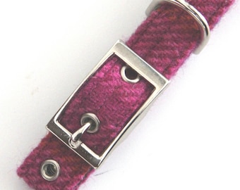 Bright pink check dog collar in Harris Tweed. Handmade collars for small to large dogs