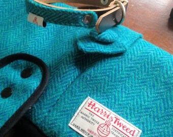 Turquoise Herringbone Harris Tweed dog coat. Warm and stylish winter coat.