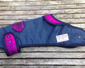 Navy Waterproof coat for dogs. In navy waxed cotton and Harris Tweed detailing