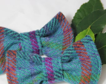 Turquoise Check Harris Tweed bow tie. Stylish dog accessory.