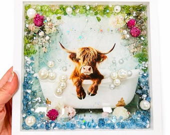 Highland Cow Craft, Crushed Glass Art kit, DIY Resin Art, Dried flower kit, Cow Lover Gift