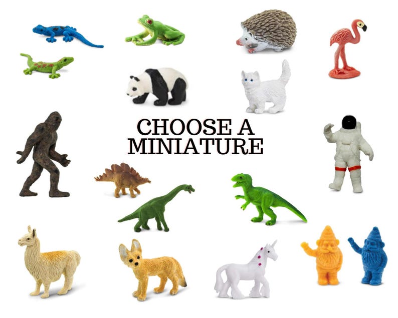 May include: A collection of various miniature animal and character figurines including a blue lizard, green frog, hedgehog, flamingo, panda, white cat, bigfoot, dinosaurs, llama, fox, unicorn, astronaut, and two gnomes with the text CHOOSE A MINIATURE.