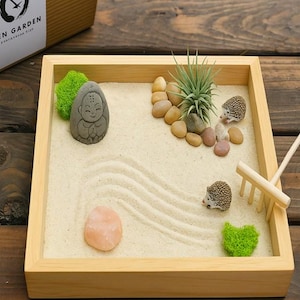 May include: A miniature Zen garden in a wooden tray. The garden features sand, small stones, a miniature Buddha statue, two hedgehog figurines, a small rake, and a plant. The sand is raked with wave patterns. The box in the background says "ZEN GARDEN".
