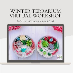 May include: A laptop screen displaying a virtual winter terrarium workshop with two glass terrariums filled with succulents, moss, and decorative elements. The text "Let it Snow" is visible on a small sign in one of the terrariums. The text "Party'n With Plants" is visible in the bottom right corner of the screen.