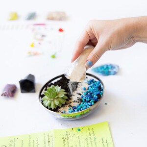 May include: A person is adding sand to a small glass terrarium with a succulent plant, blue and white stones, and brown soil. The terrarium is on a white surface. The instructions for the terrarium are visible in the background.