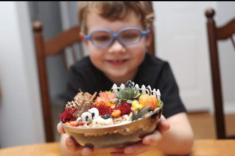 May include: A decorative miniature autumn-themed terrarium in a small metal bowl. The terrarium features a white picket fence, a small pumpkin, and various plants and decorative elements. The terrarium is held by a person.