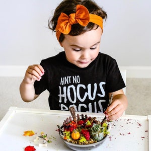 May include: A child wearing an orange bow headband and a black t-shirt with the text "Aint No Hocus Pocus". The child is looking at a miniature Halloween-themed garden in a bowl, with pumpkins and a small fence.
