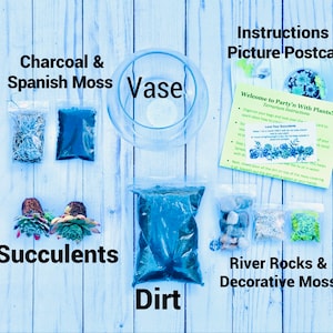 May include: A terrarium kit containing a clear glass vase, two succulent plants, a bag of dirt, bags of charcoal and Spanish moss, and bags of river rocks and decorative moss. Includes a printed instruction card titled Welcome to Party'n With Plants.