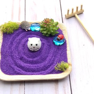 May include: A purple sand zen garden tray with a white owl figurine, a small green succulent, a ladybug figurine, and two blue glass beads. The tray is made of natural materials and has a rustic look.