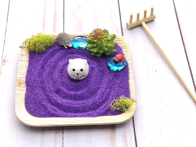 May include: A purple sand zen garden tray with a white owl figurine, a small green succulent, a ladybug figurine, and two blue glass beads. The tray is made of natural materials and has a rustic look.