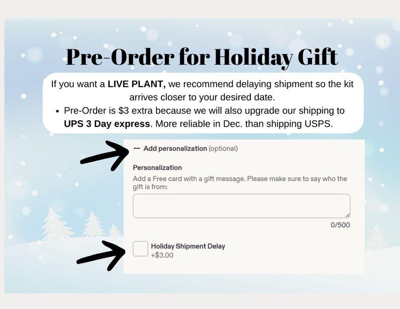 May include: A digital interface graphic titled Pre-Order for Holiday Gift. It includes text advising on live plant shipments, an Add personalization section with a text box for gift messages, and a checkbox for Holiday Shipment Delay.