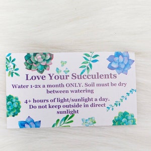 May include: White card with green and blue watercolor succulents. The card has text that reads "Love Your Succulents" and instructions for watering and sunlight.
