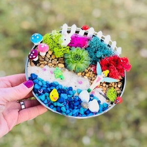 May include: A miniature fairy garden scene in a round metal container. The garden features a white picket fence, a white rabbit, a pink flower, green moss, blue and white stones, a yellow duck, and a white butterfly.