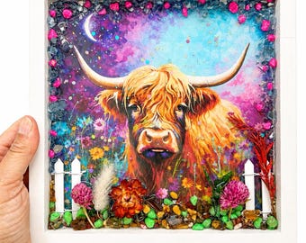 Highland Cow Resin Kit, Crushed Glass craft, Dried flower, Cow Lover Gift