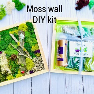 May include: A DIY moss wall kit in a wooden frame. The kit includes preserved moss, a bottle of adhesive, and instructions. The moss is a variety of green shades and textures. The kit is packaged in a clear plastic bag with a green and white label that says "Party'n With Plants".