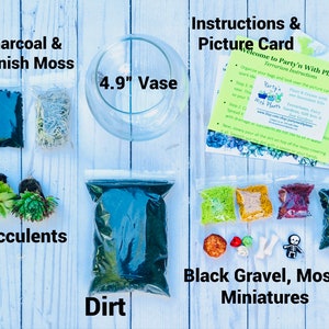 May include: A terrarium kit with all the supplies needed to create a miniature garden. The kit includes a 4.9 inch glass vase, charcoal, Spanish moss, two succulents, dirt, black gravel, moss, and miniature figurines. The kit also includes instructions on how to create the terrarium.