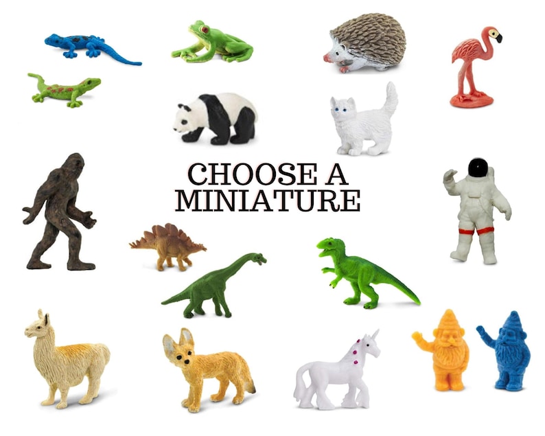 May include: A collection of miniature figurines, including a green dinosaur, a blue lizard, a panda, a white cat, a pink flamingo, a brown hedgehog, a green frog, a brown yeti, a green dinosaur, a green dinosaur, a white astronaut, a llama, a fennec fox, a unicorn, a yellow gnome, and a blue gnome. The text "Choose a Miniature" is displayed in the center of the image.