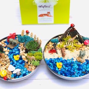 May include: Two miniature safari garden kits in silver bowls. Each bowl contains sand, rocks, moss, and miniature animals, including a giraffe, elephant, and a duck. One bowl has a small wooden hut and the other has a small wooden fence.