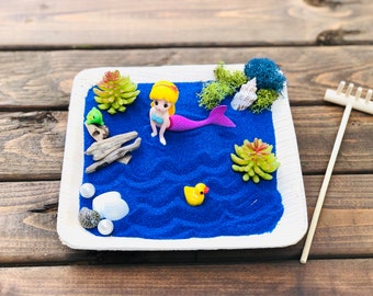 Mermaid Zen Garden Craft Kit: Blue Sand, Miniature Desk Decor