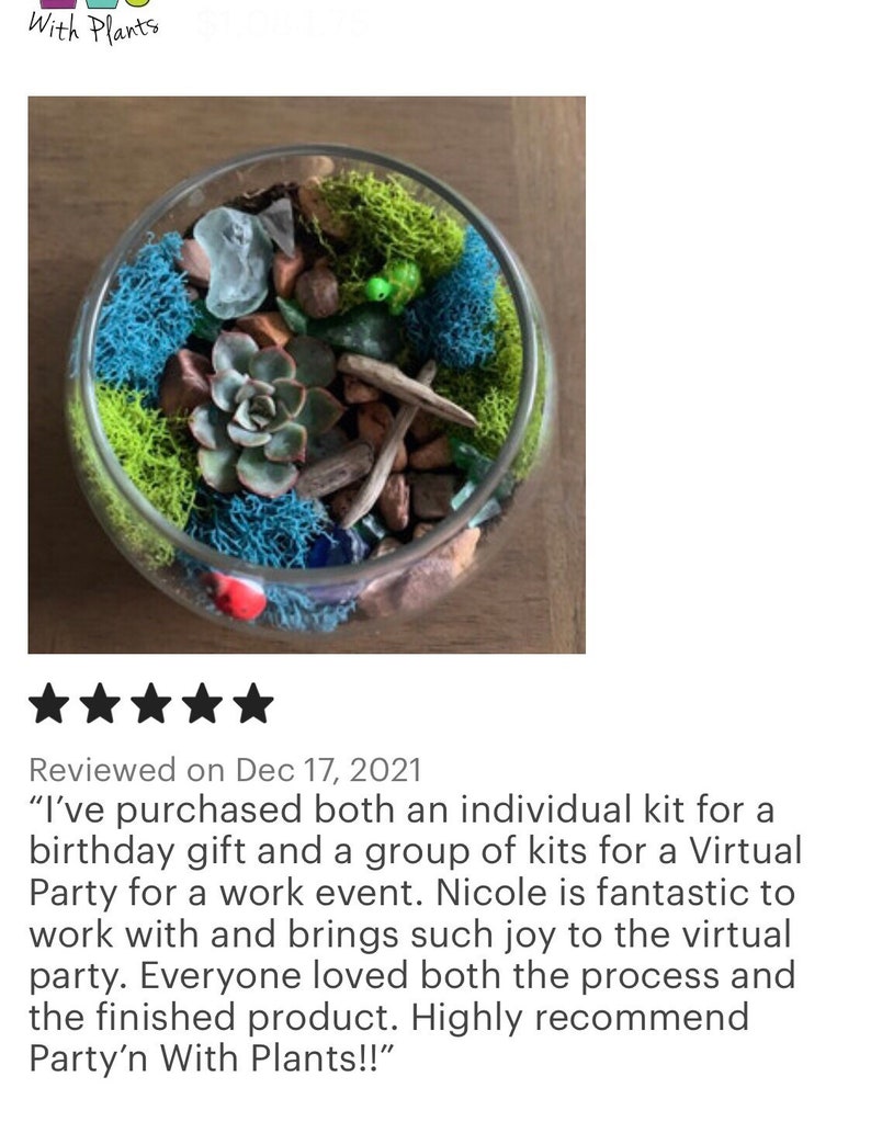 Może przedstawiać: Szklane terrarium wypełnione zielonym mchem, sukulentami, małymi kamieniami i kawałkami niebieskiego i zielonego szkła. Terrarium stoi na drewnianej powierzchni.  "Zakupiłam zar&oacute;wno indywidualny zestaw na prezent urodzinowy, jak i grupę zestaw&oacute;w na wirtualną imprezę z okazji wydarzenia służbowego. Nicole jest fantastyczna do wsp&oacute;łpracy i wnosi tyle radości do wirtualnej imprezy. Wszyscy pokochali zar&oacute;wno proces, jak i gotowy produkt. Gorąco polecam Party'n With Plants!!"