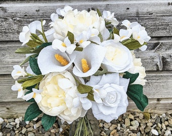 Paper Flowers Bouquet Centerpiece - White Peonies and Calla Lilies, Minimalist Wedding Flowers,  Gift,