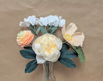 Paper Flowers Bouquet Cream and Peach Posy - Peony, Icelandic Poppy, Ranunculus & Sweet Peas,  Gift,