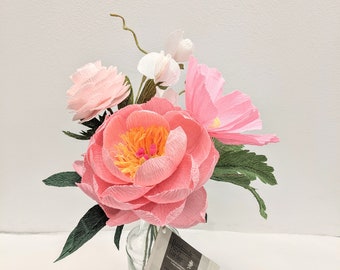 Rosa Papierblumenstrauß - Pfingstrose, Isländischer Mohn - Kunstblumenstrauß, Geschenk,