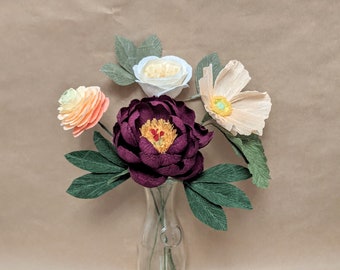 Coral, Burgundy and Peach Paper Flowers Bouquet Arrangement - Peony, English Garden Rose, Ranunculus & Sweet Peas - Gift Idea,