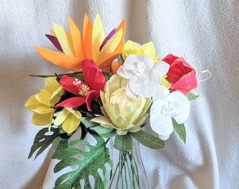 Artificial Tropical Flowers Paper Bouquet of Bird of Paradise, Plumeria, Protea, Wedding Bouquet, Retirement Gift, First Anniversary Present